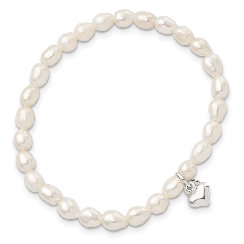 Sterling Silver Heart and Polished FWC Pearl Stretch Bracelet