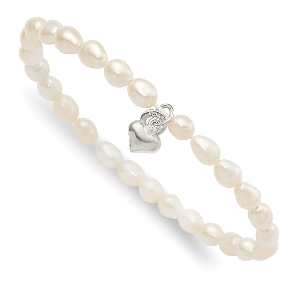 Sterling Silver Heart and Polished FWC Pearl Stretch Bracelet