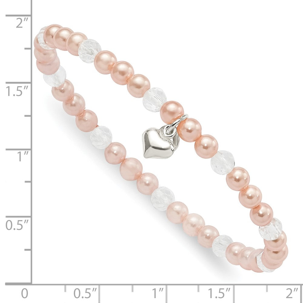 Sterling Silver Heart Pink Shell Bead and Crystal Stretch Bracelet