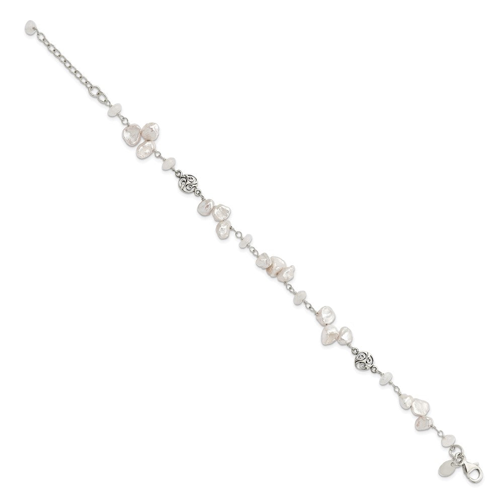 Sterling Silver 7- White Keshi Freshwater Cultured Pearl and Moonstone with Extension Bracelet