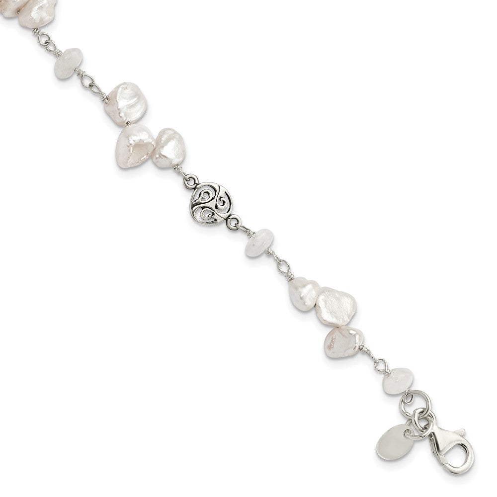 Sterling Silver 7- White Keshi Freshwater Cultured Pearl and Moonstone with Extension Bracelet