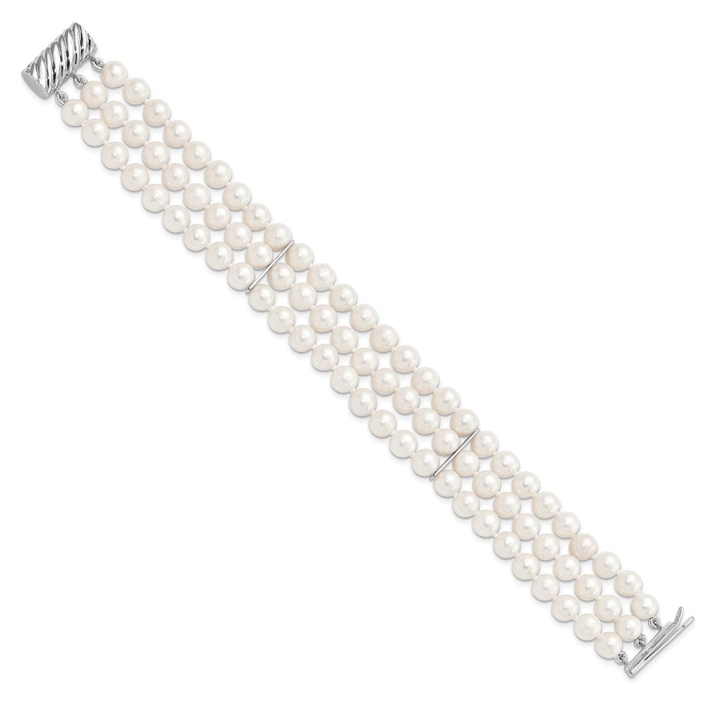 Sterling Silver Rhodium-plated 6- White Near-Round Freshwater Cultured Pearl 3-Strand Bracelet
