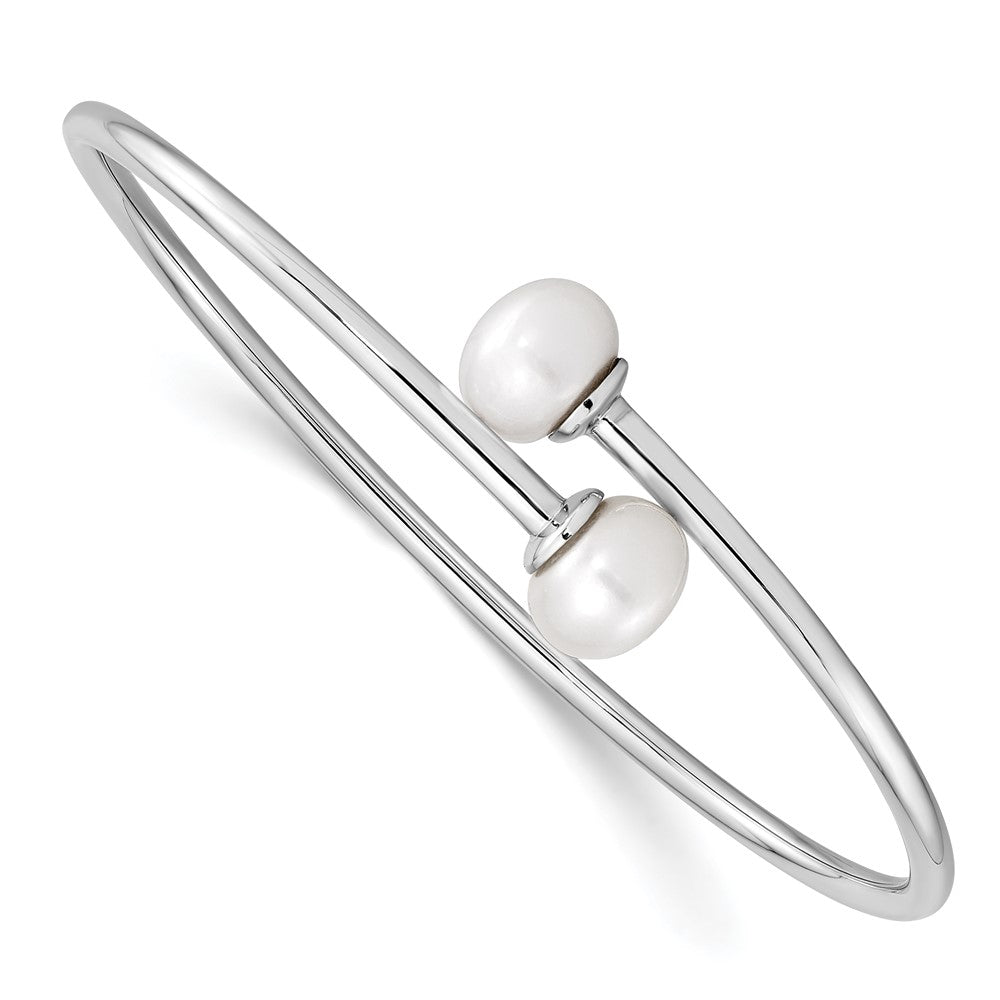 Sterling Silver Rhodium-plated 9- White Button Freshwater Cultured Pearl Flexible Cuff Bangle