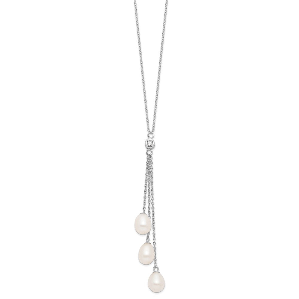 Sterling Silver Rhodium-plated 7- White Teardrop Freshwater Cultured Pearl and CZ Drop Necklace