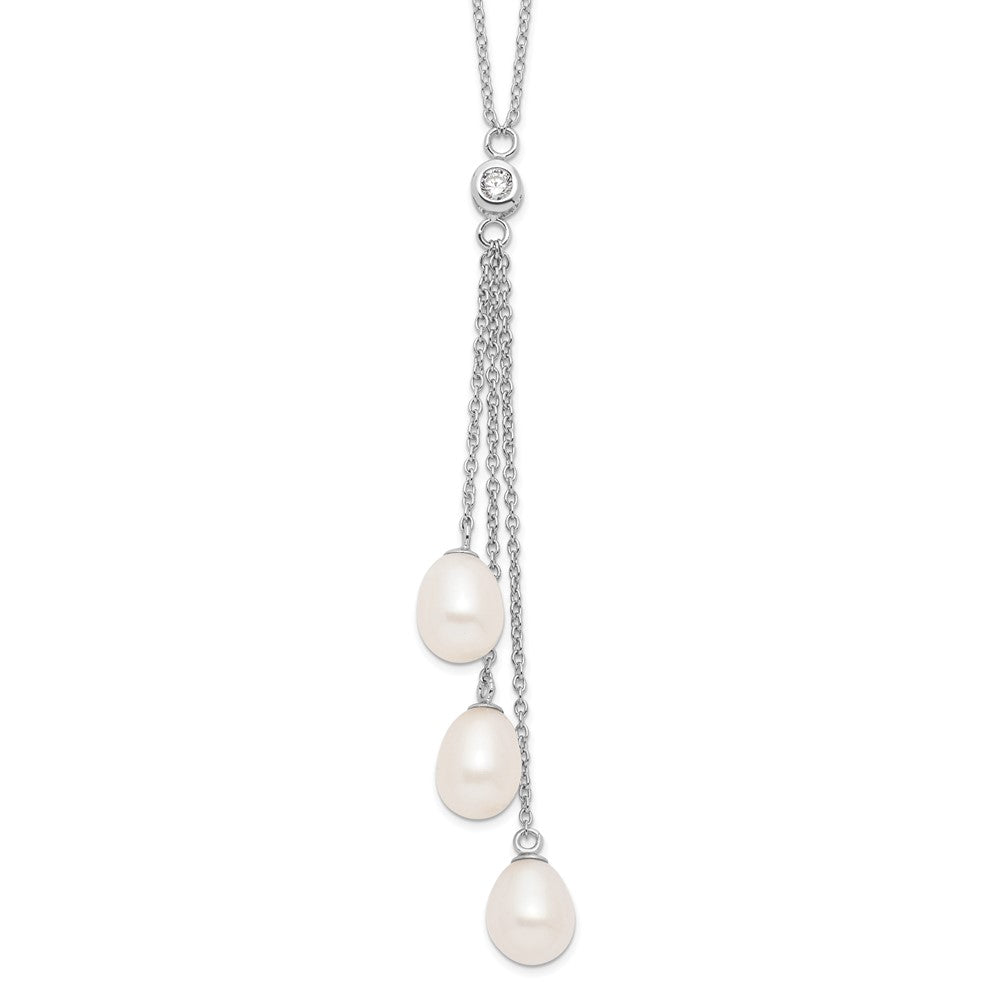 Sterling Silver Rhodium-plated 7- White Teardrop Freshwater Cultured Pearl and CZ Drop Necklace