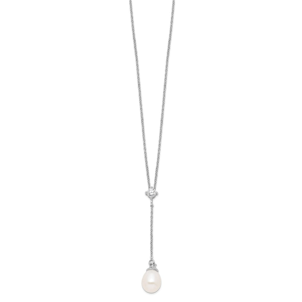 Sterling Silver Rhodium-plated 8- White Teardrop Freshwater Cultured Pearl and CZ Drop Necklace