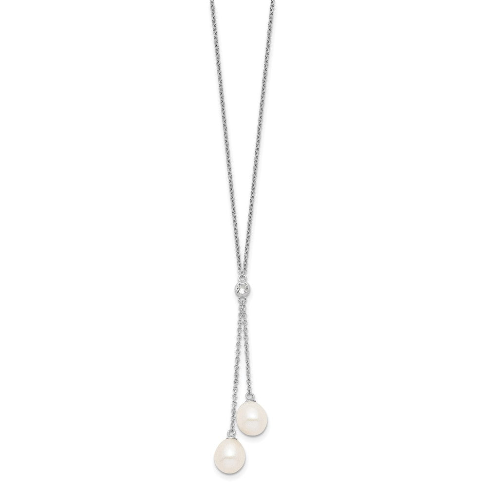 Sterling Silver Rhodium-plated 8- White Rice Freshwater Cultured Pearl and CZ Dangle Y-Necklace