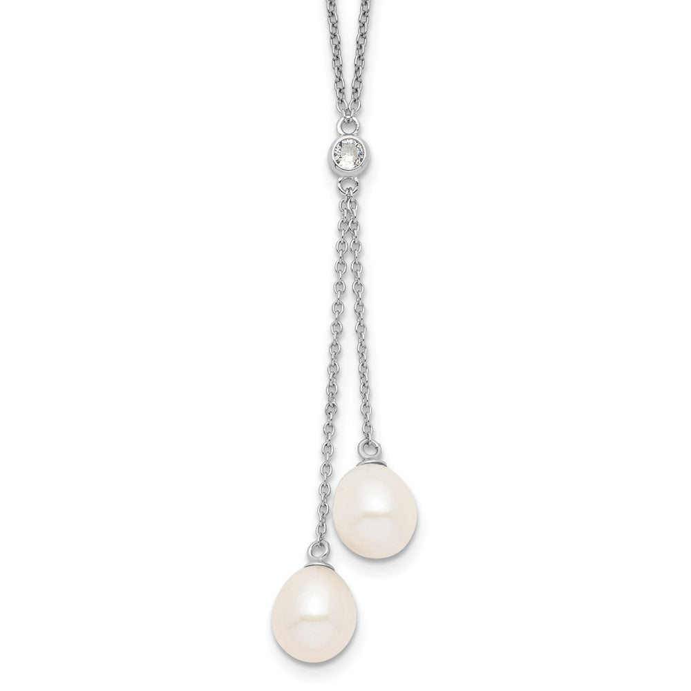 Sterling Silver Rhodium-plated 8- White Rice Freshwater Cultured Pearl and CZ Dangle Y-Necklace
