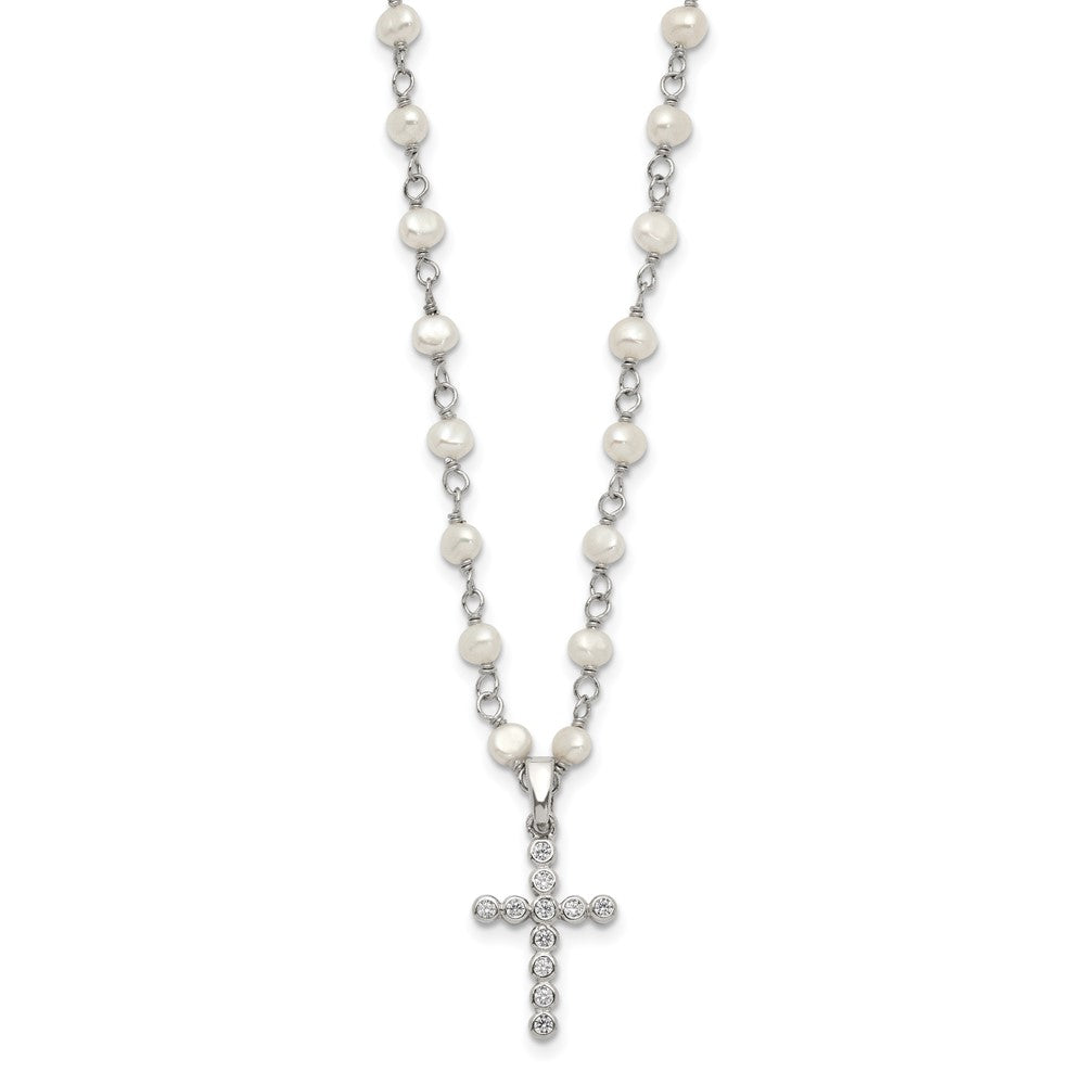 Sterling Silver Rhodium-plated 4- White FWC Pearl CZ Cross Necklace