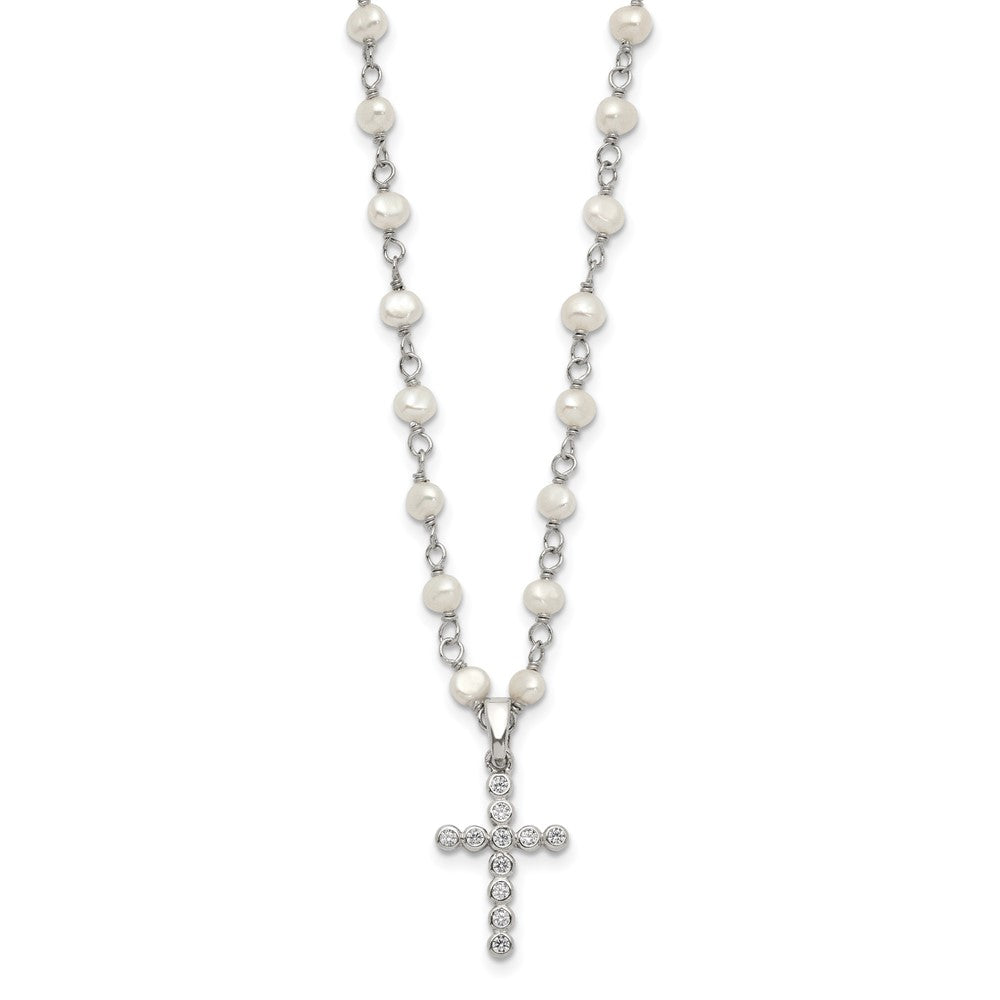 Sterling Silver Rhodium-plated 4- White Near-Round Freshwater Cultured Pearl and CZ Cross Necklace