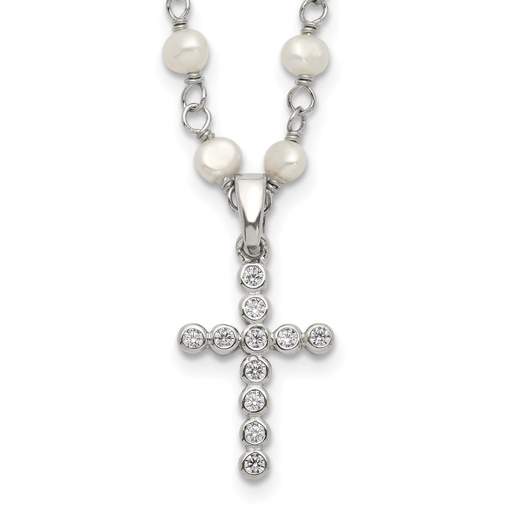 Sterling Silver Rhodium-plated 4- White Near-Round Freshwater Cultured Pearl and CZ Cross Necklace