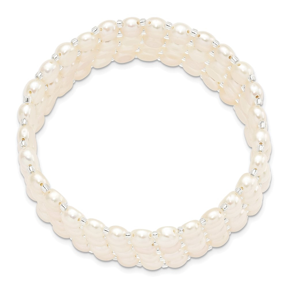 6- White Button Freshwater Cultured Pearl and Glass Beaded 4-Row Stretch Bracelet