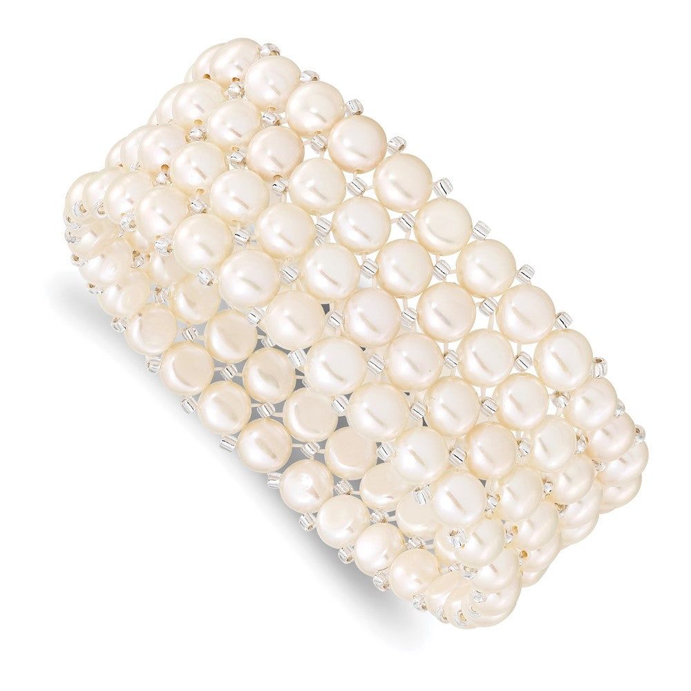 6- White Button Freshwater Cultured Pearl and Glass Beaded 4-Row Stretch Bracelet