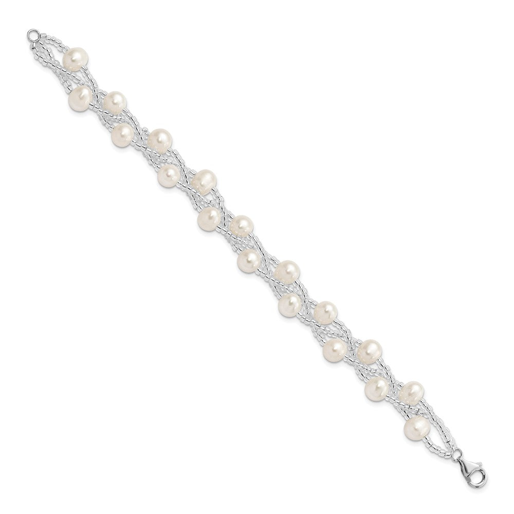 Sterling Silver Rhodium-plated 7- White Semi-Round Freshwater Cultured Pearl and Glass Beaded Multi-strand Bracelet