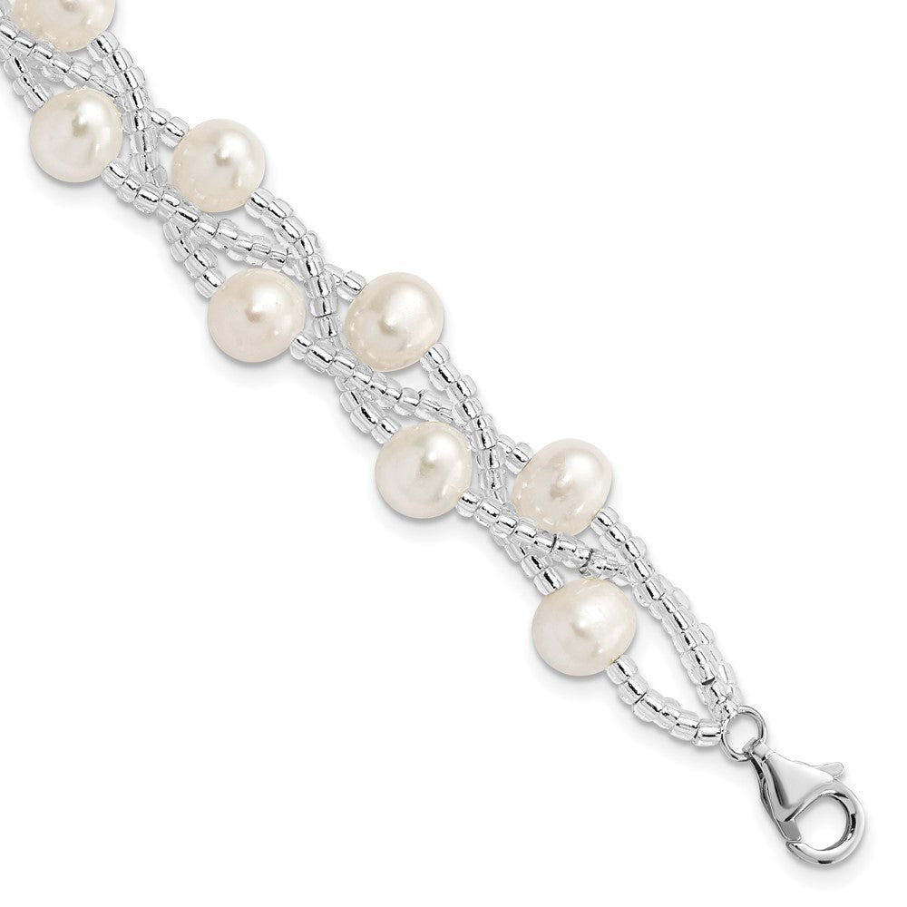 Sterling Silver Rhodium-plated 7- White Semi-Round Freshwater Cultured Pearl and Glass Beaded Multi-strand Bracelet