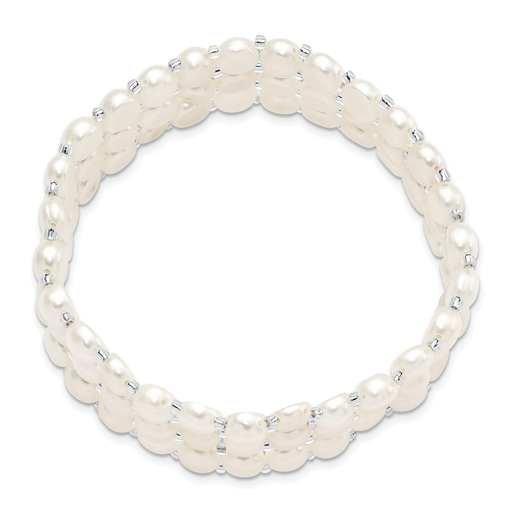 6- White Button Freshwater Cultured Pearl and Glass Beaded 3-row Stretch Bracelet