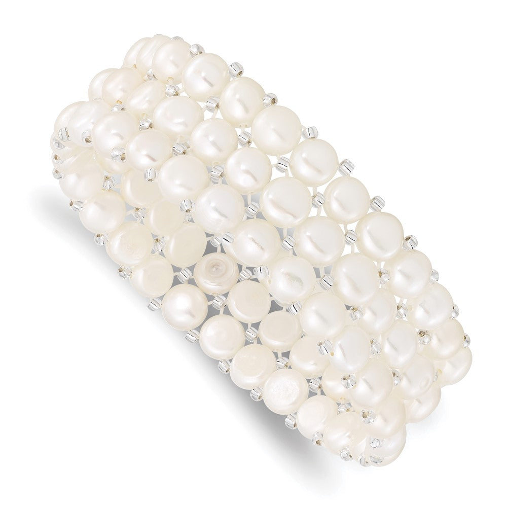 6- White Button Freshwater Cultured Pearl and Glass Beaded 3-row Stretch Bracelet