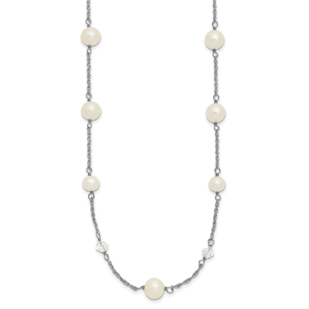 Sterling Silver Rhodium-plated 6- White Near-Round Freshwater Cultured Pearl and Glass 5-Station with Extension Necklace
