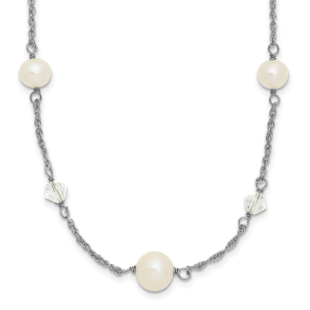 Sterling Silver Rhodium-plated 6- White Near-Round Freshwater Cultured Pearl and Glass 5-Station with Extension Necklace
