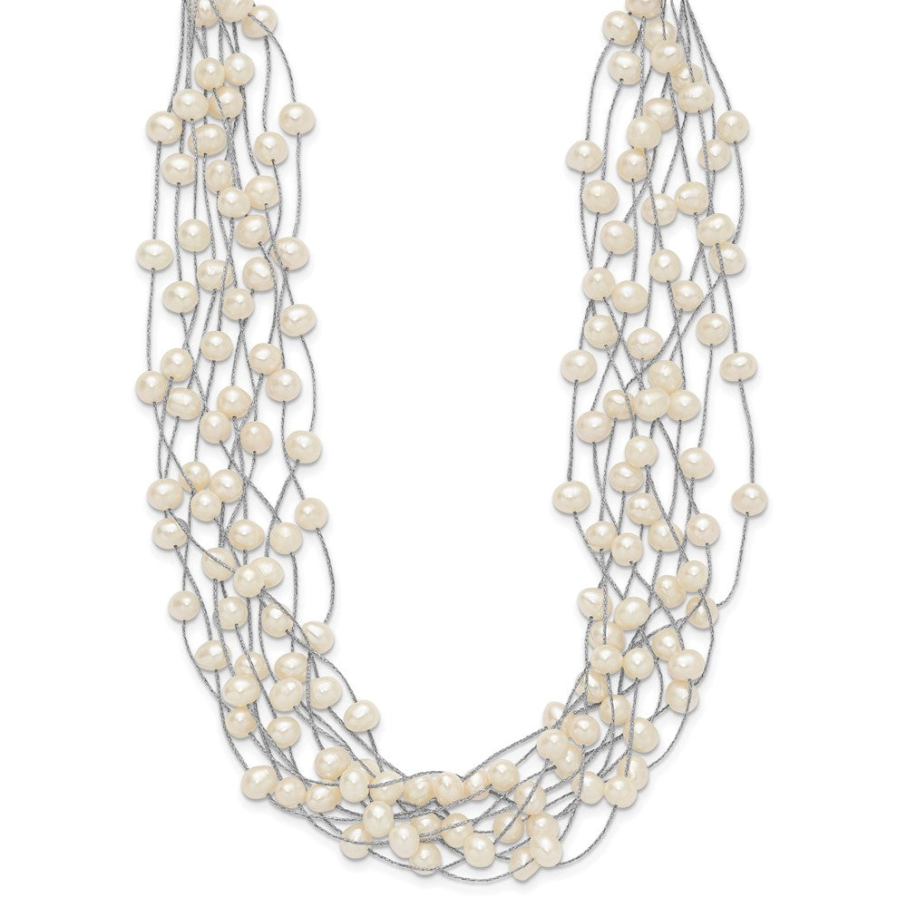 Sterling Silver Rhodium-plated 6- White Semi-Round Freshwater Cultured Pearl Multi Strand Necklace
