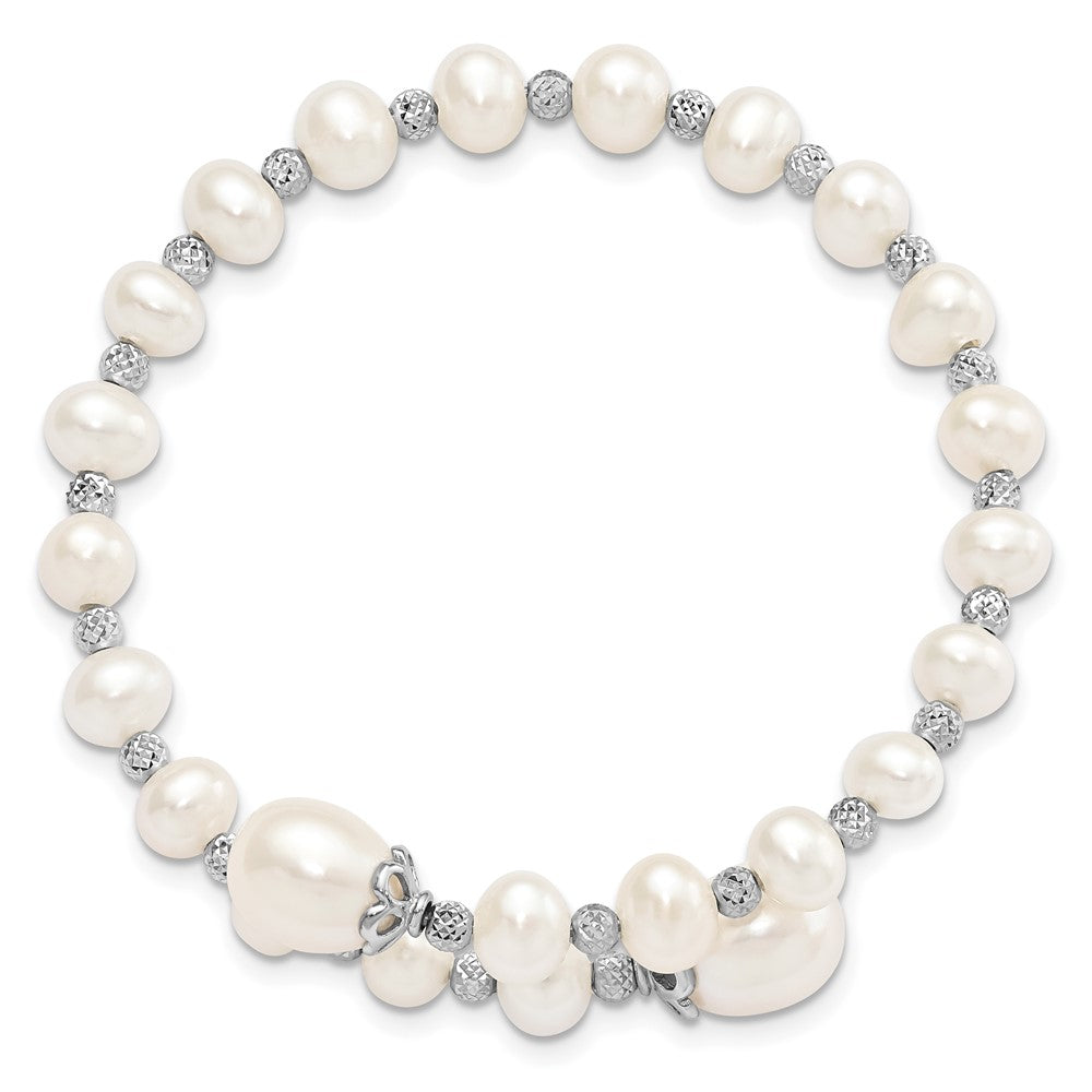 Sterling Silver Rhodium-plated 6- White Teardrop and Near-Round Freshwater Cultured Pearl with Diamond-cut Beaded Wrap Flexible Bangle