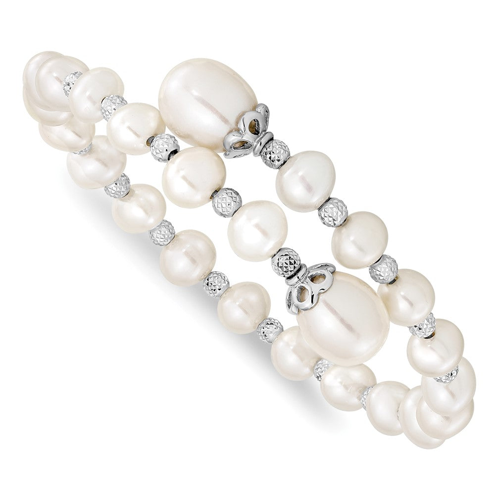 Sterling Silver Rhodium-plated 6- White Teardrop and Near-Round Freshwater Cultured Pearl with Diamond-cut Beaded Wrap Flexible Bangle