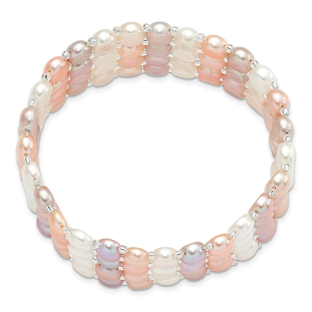 6- White/Pink/Purple Button Freshwater Cultured Pearl and Glass Beaded 4-Row Stretch Bracelet