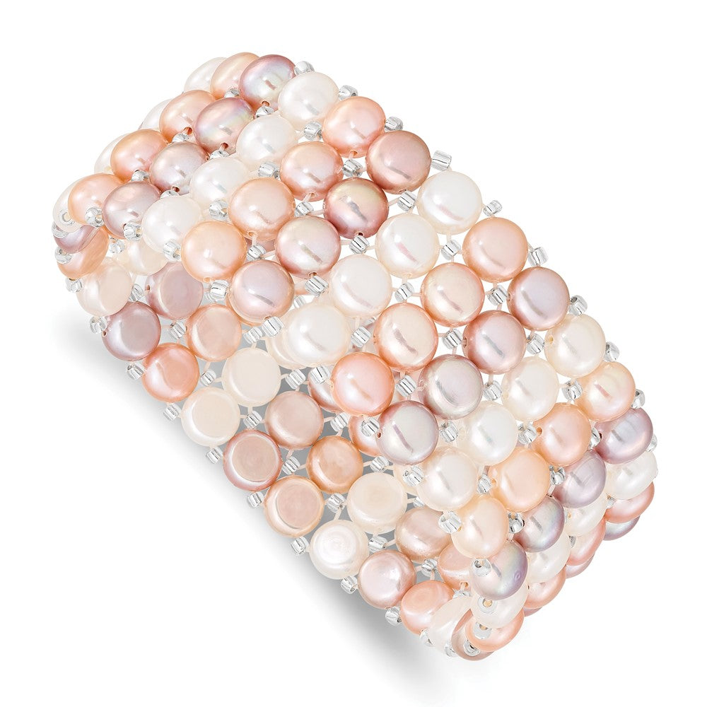 6- White/Pink/Purple Button Freshwater Cultured Pearl and Glass Beaded 4-Row Stretch Bracelet