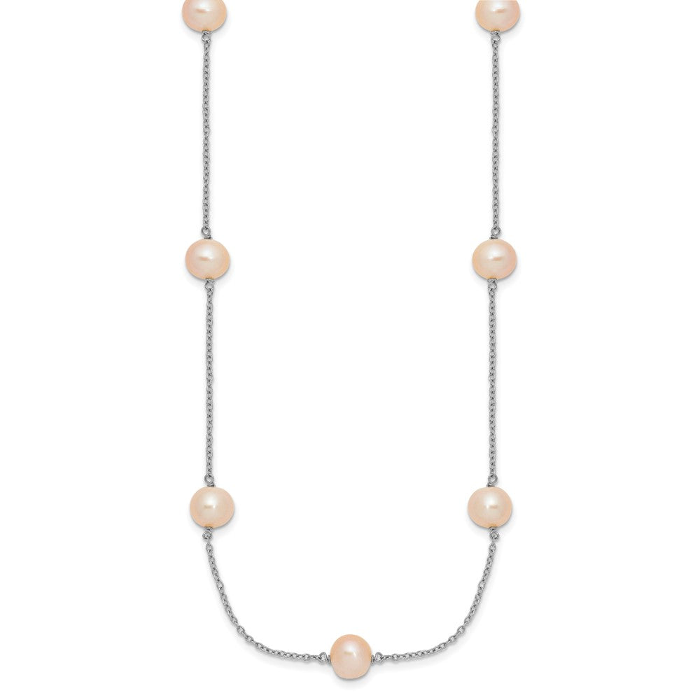 Sterling Silver Rhodium-plated 7- Pink Semi-Round Freshwater Cultured Pearl 9-Station Necklace