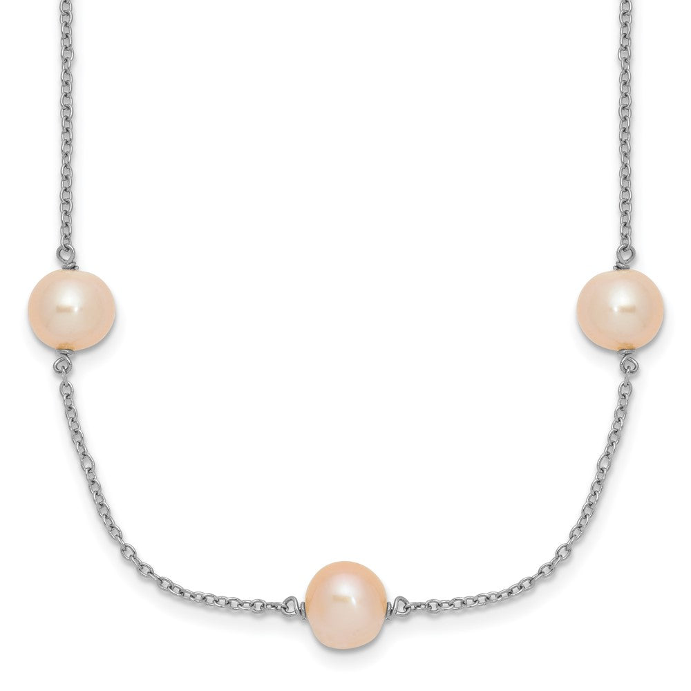 Sterling Silver Rhodium-plated 7- Pink Semi-Round Freshwater Cultured Pearl 9-Station Necklace