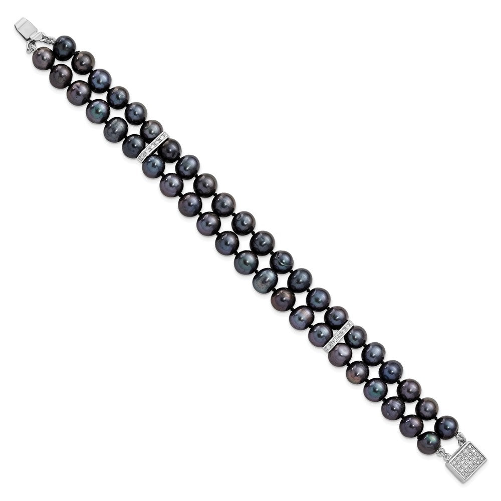 Sterling Silver Rhodium-plated 7- Black Near-Round Freshwater Cultured Pearl and CZ 2-strand Bracelet