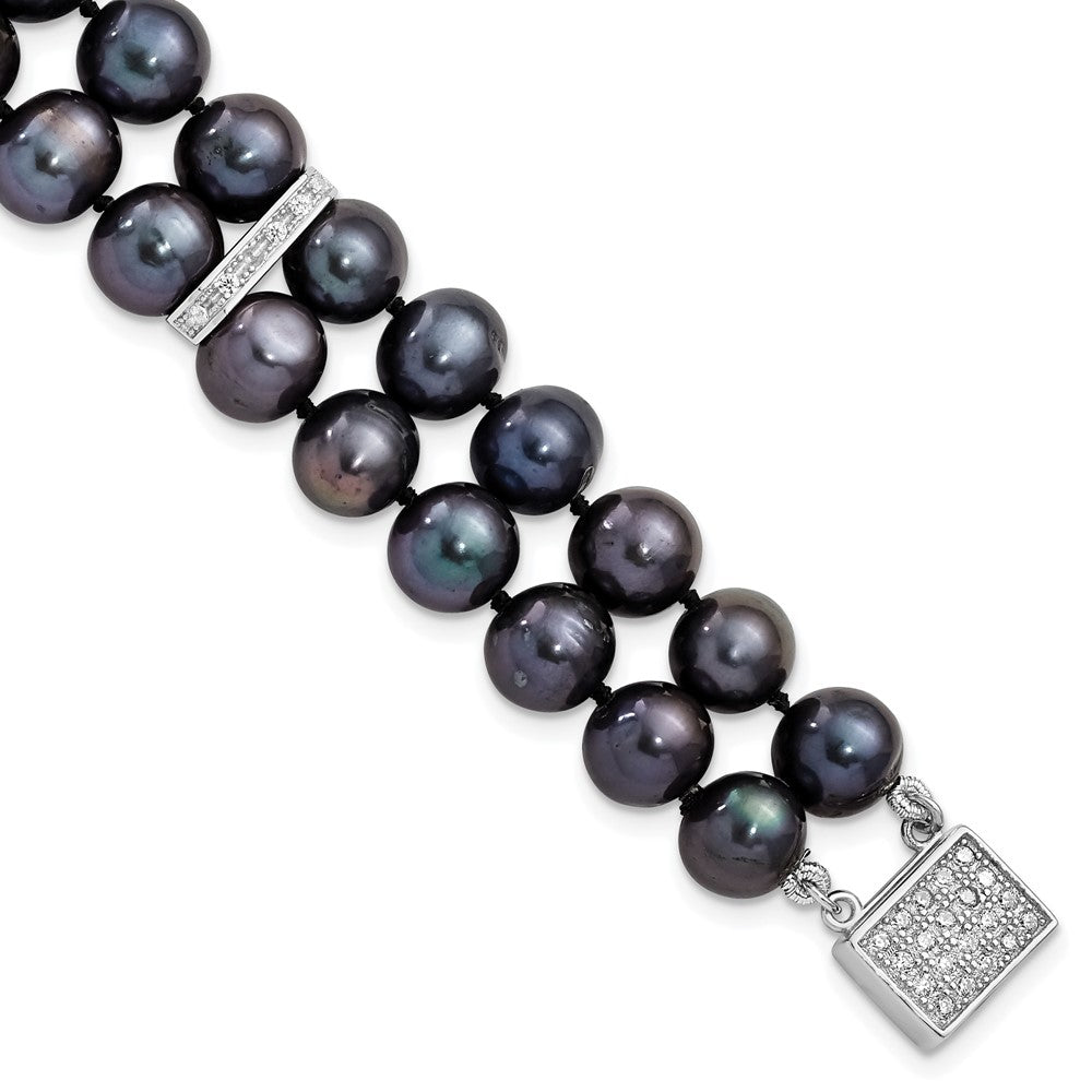 Sterling Silver Rhodium-plated 7- Black Near-Round Freshwater Cultured Pearl and CZ 2-strand Bracelet