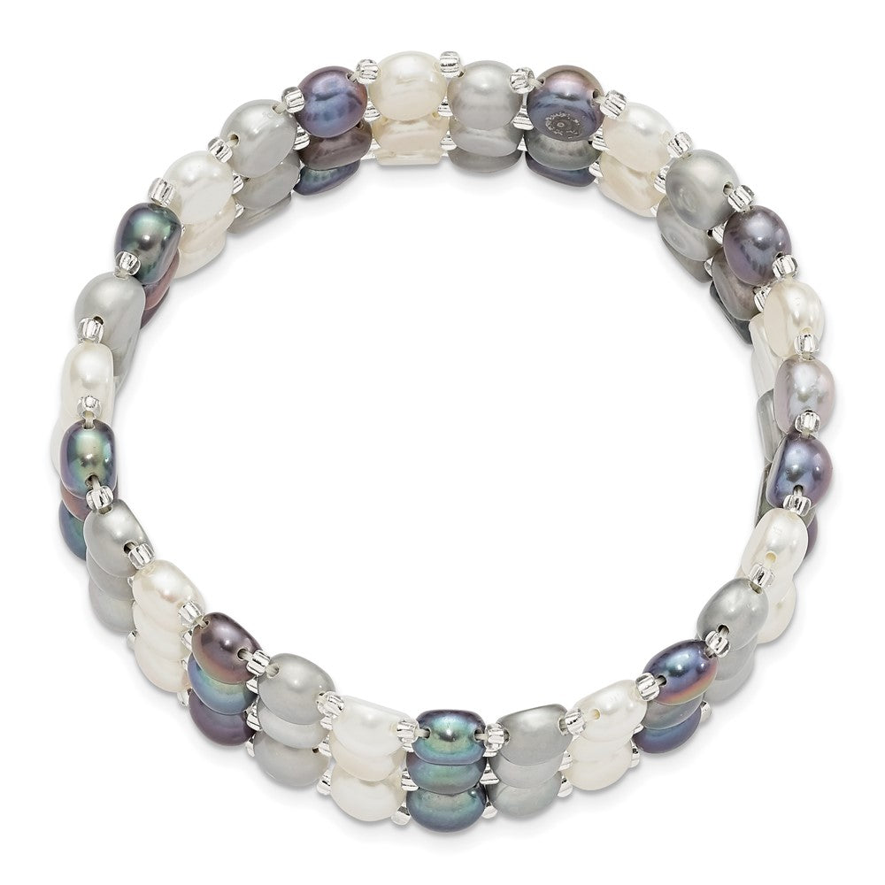 6- Black/Grey/White Button Freshwater Cultured Pearl and Glass Beaded 3-row Stretch Bracelet
