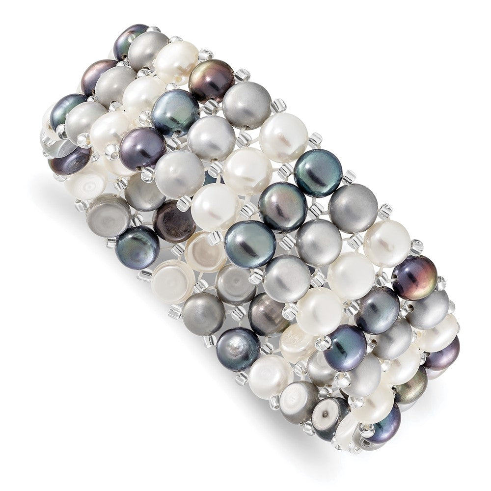 6- Black/Grey/White Button Freshwater Cultured Pearl and Glass Beaded 3-row Stretch Bracelet