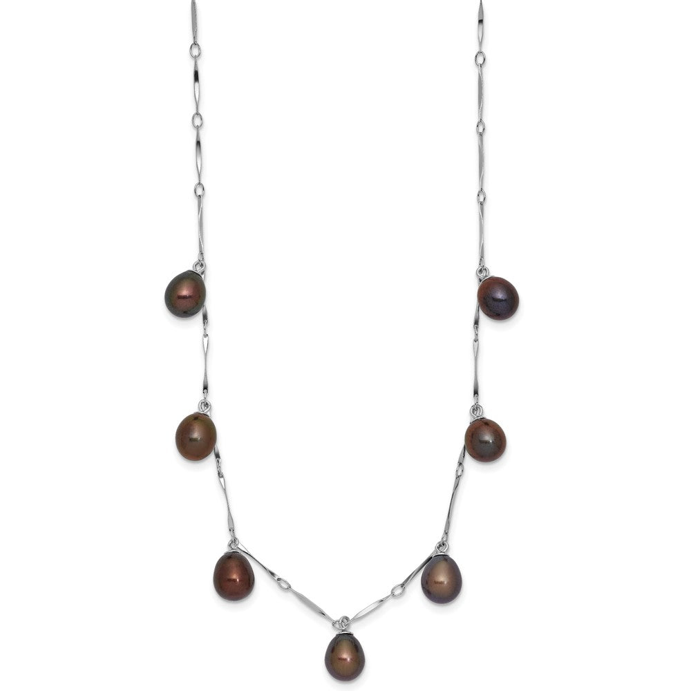 Sterling Silver Rhodium-plated 7- Black Teardrop Freshwater Cultured Pearl Dangle 7-Station Necklace