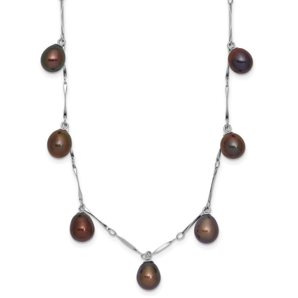 Sterling Silver Rhodium-plated 7- Black Teardrop Freshwater Cultured Pearl Dangle 7-Station Necklace