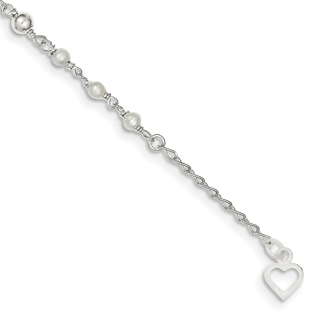 Sterling Silver Polished Plus ext FWC Pearl and Heart Anklet