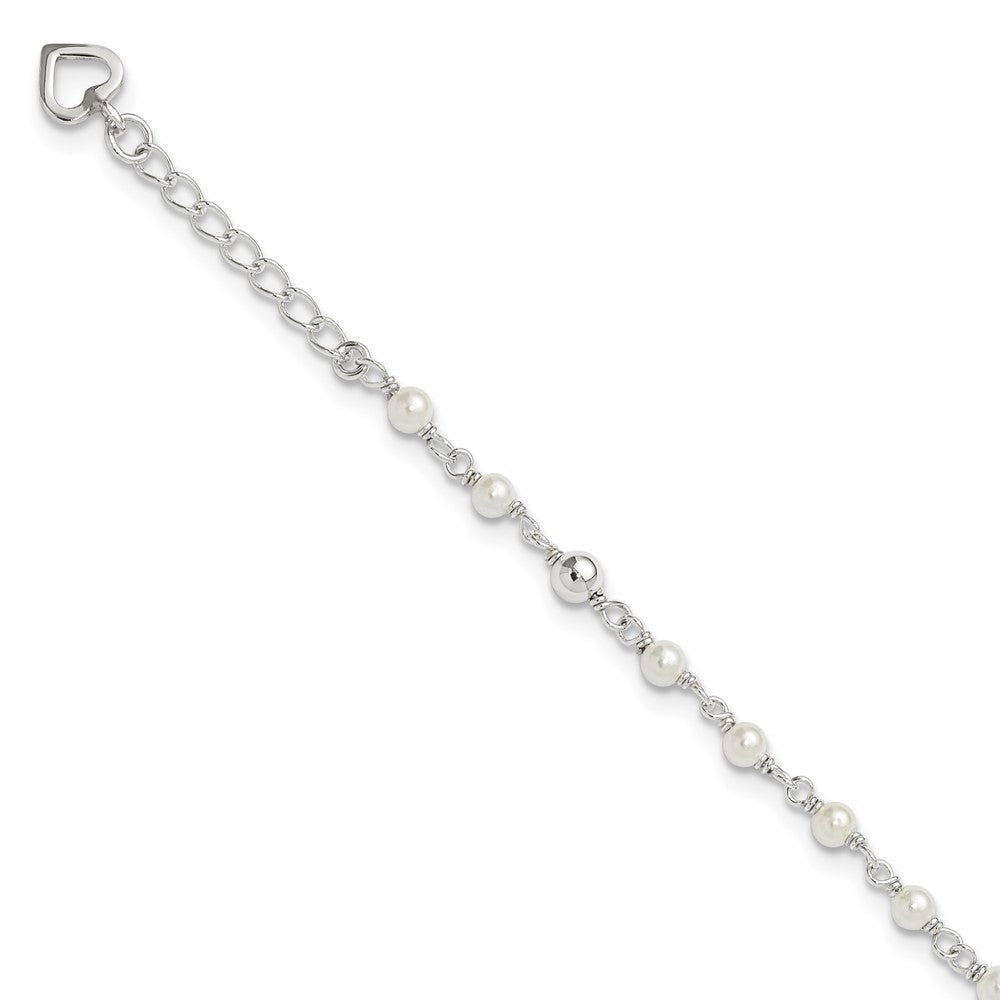 Sterling Silver Polished Plus ext FWC Pearl and Heart Anklet