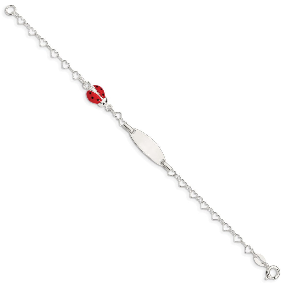 Sterling Silver Polished Engravable Heart Link Red and Black Enameled Ladybug 19x Plate Baby ID Bracelet