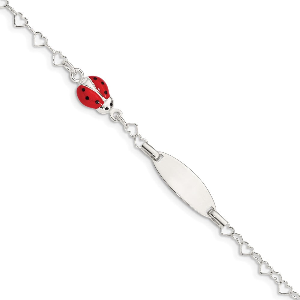 Sterling Silver Polished Engravable Heart Link Red and Black Enameled Ladybug 19x Plate ID Bracelet