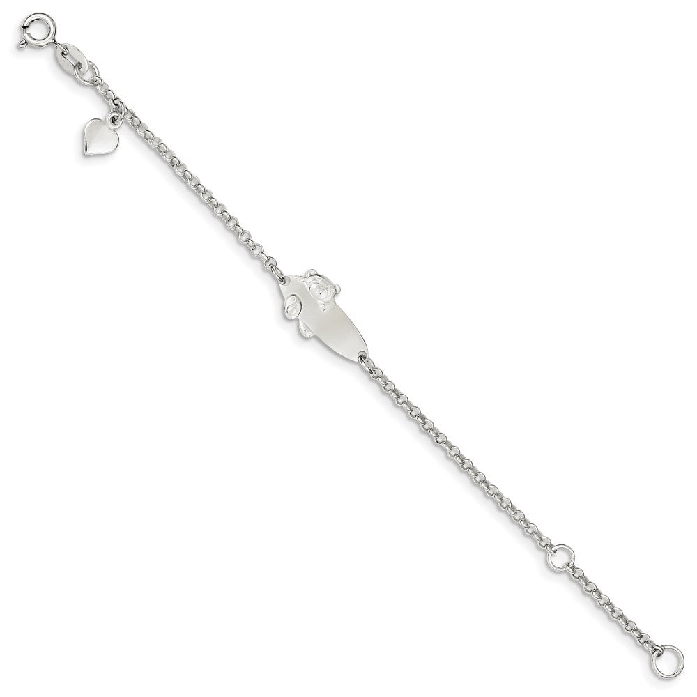 Sterling Silver Engravable Cable Link Teddy Bear 20x Plate Heart Dangle Plus Extender Baby ID Bracelet