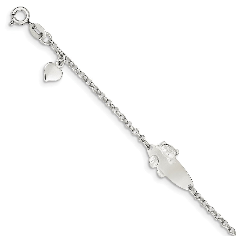 Sterling Silver Engravable Cable Link Teddy Bear 20x Plate Heart Dangle Plus Extender ID Bracelet