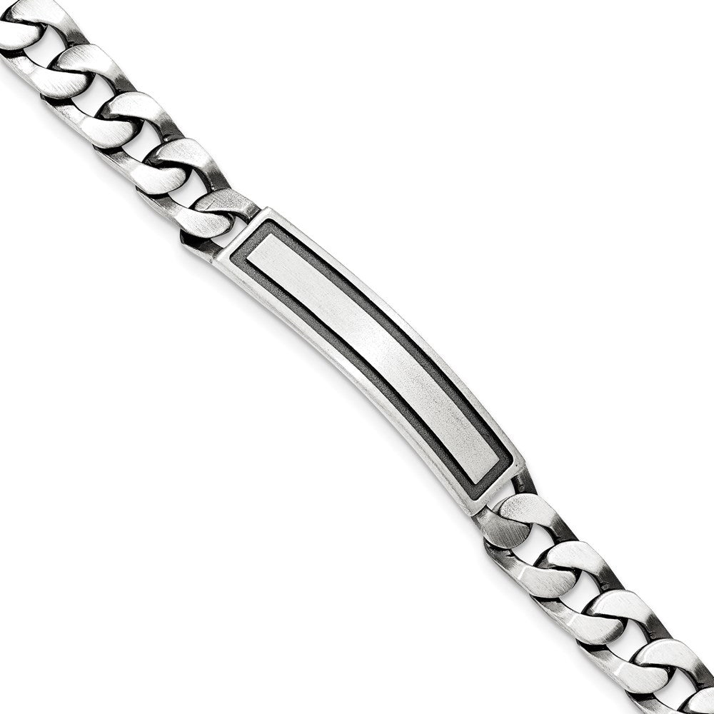 Sterling Silver Antiqued Satin Engravable Curb Link 40x Framed Plate ID Bracelet