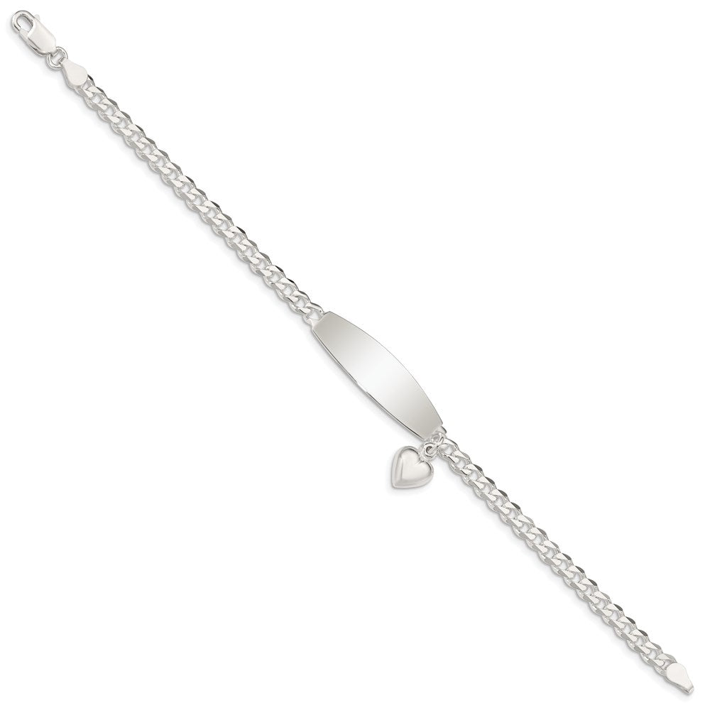 Sterling Silver Polished Engravable Curb Link w/Dangle Heart Charm and Oval 32x Plate ID Bracelet