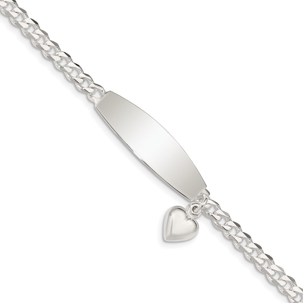 Sterling Silver Polished Engravable Curb Link w/Dangle Heart Charm and Oval 32x Plate ID Bracelet