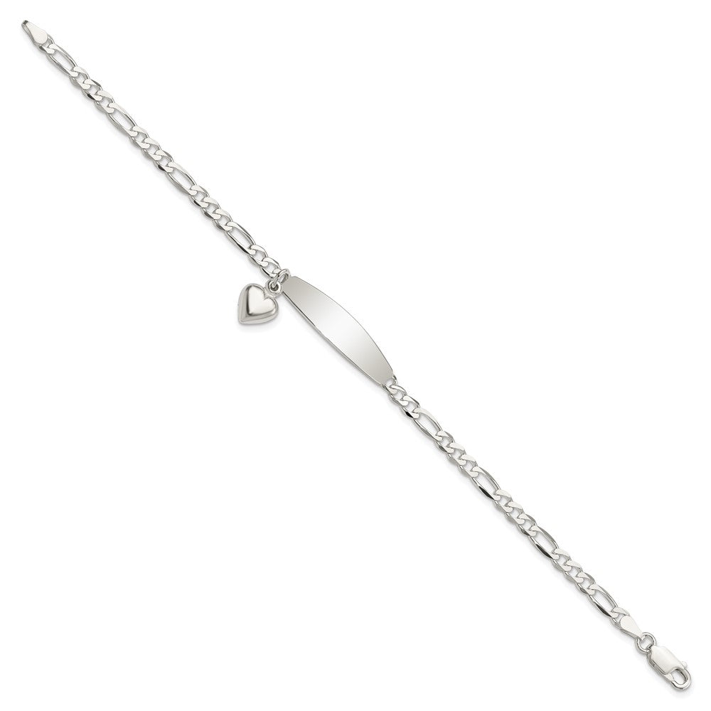 Sterling Silver Polished Engravable Figaro Link w/Dangle Heart Charm and Oval 30x Plate ID Bracelet