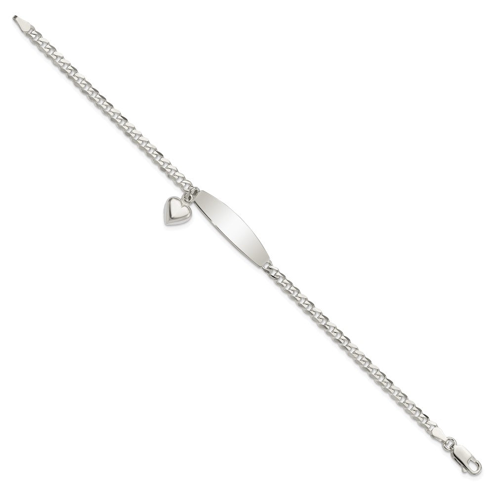 Sterling Silver Polished Engravable Curb Link w/Dangle Heart Charm and Oval 30x Plate ID Bracelet