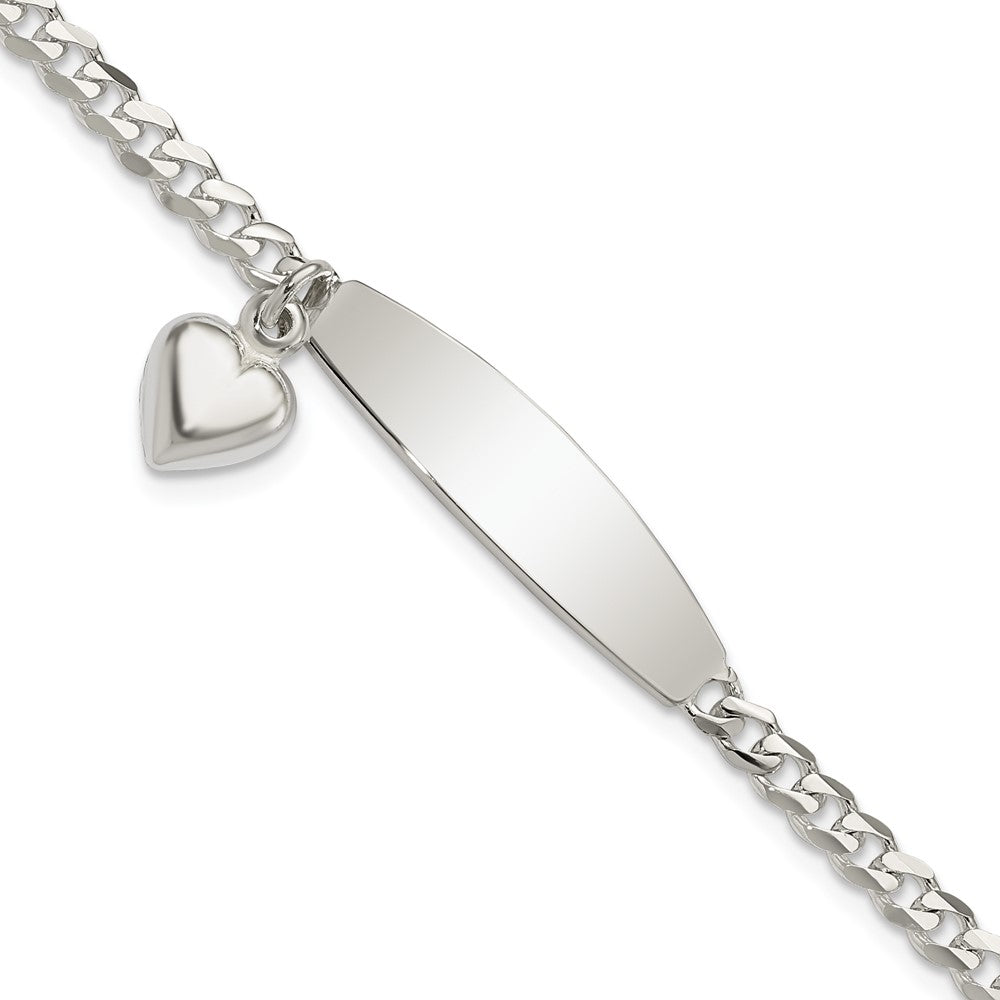 Sterling Silver Polished Engravable Curb Link w/Dangle Heart Charm and Oval 30x Plate ID Bracelet