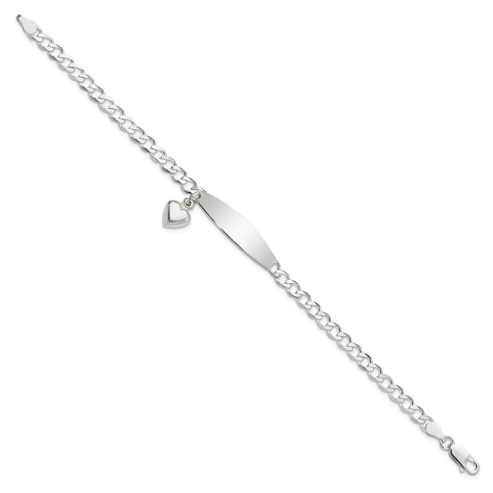Sterling Silver Polished Engravable Curb Link w/Dangle Heart Charm and Oval 30x Plate ID Bracelet