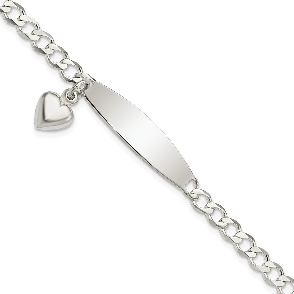 Sterling Silver Polished Engravable Curb Link w/Dangle Heart Charm and Oval 30x Plate ID Bracelet